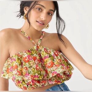 Jcrew ruffle halter top in painted block print.